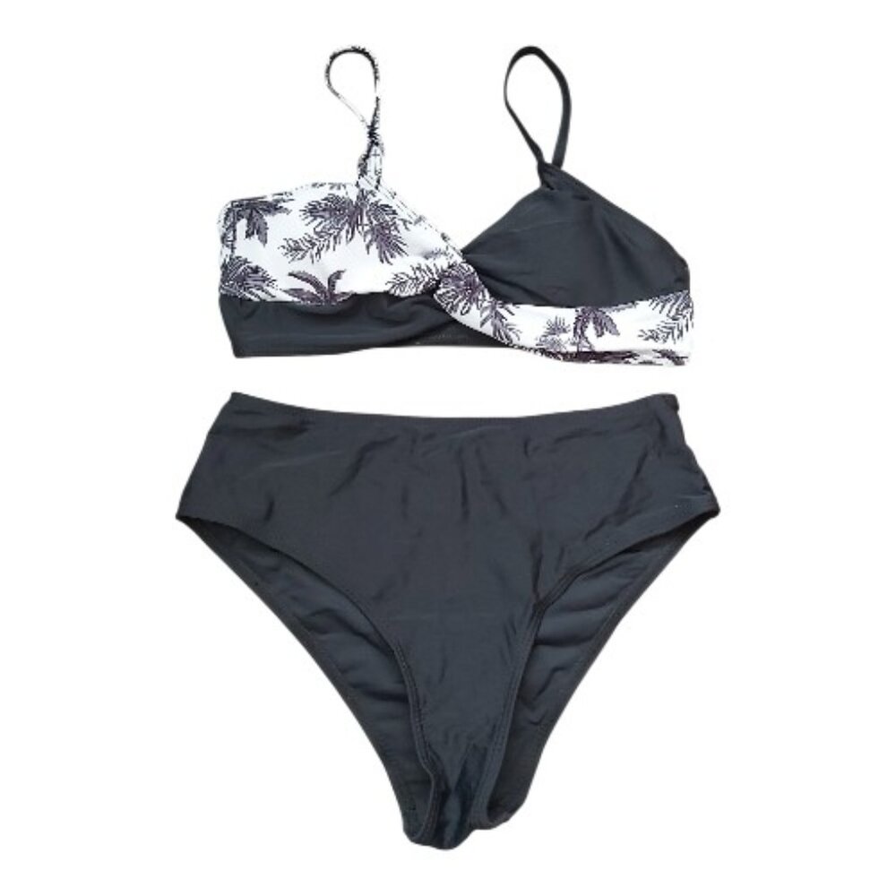 Girls 12-14 Bikini Set Black White Palm Tree Print 2 Piece Swimsuit Built In Bra